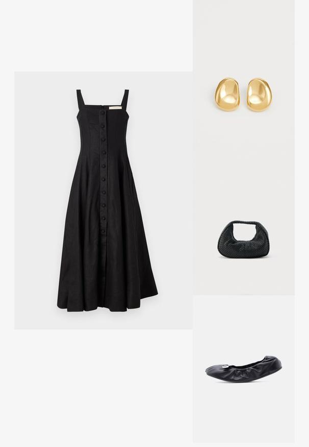 Vestido negro con tirantes gruesos, escote cuadrado y falda A-line completa. Cierre delantero de botones y tejido texturizado. Cremallera trasera visible.; Zapato plano de cuero negro con punta redondeada y diseño fruncido a lo largo de la abertura. Presenta un sutil detalle de herrajes plateados en la parte delantera.; Bolso hobo tejido negro con estructura suave y asa integrada, exhibido sobre un fondo liso y claro.; Pendientes de studs en color dorado con una forma suave y redondeada y una superficie reflectante, que exhiben un diseño minimalista y sin patrones visibles.