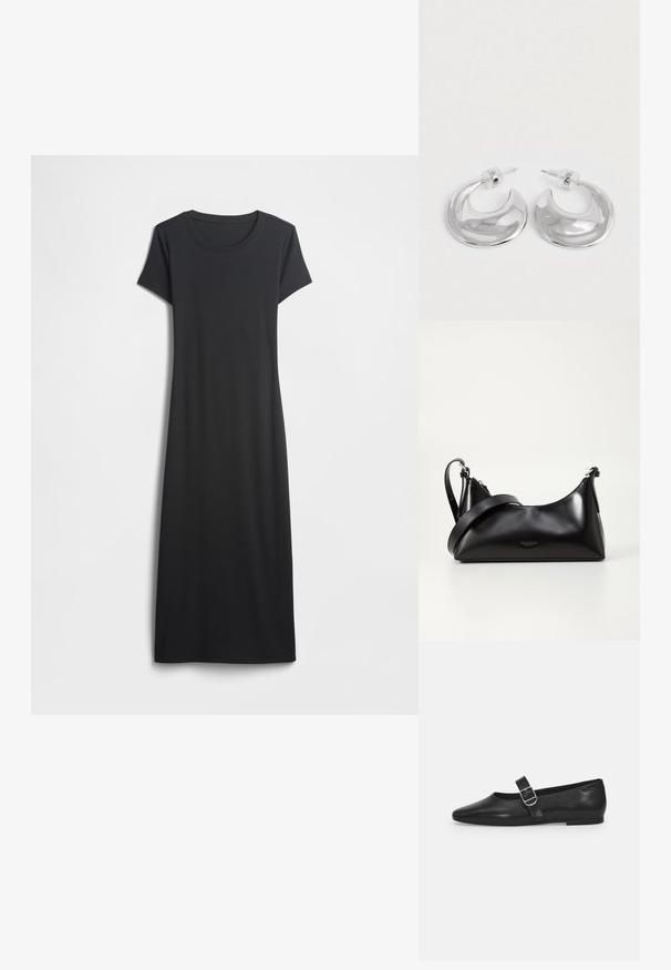 Schwarzes, kurzärmeliges Kleid mit rundem Ausschnitt, gefertigt aus weichem Stoff, mit einfacher, gerader Silhouette ohne zusätzliche Muster oder Details.; Schwarzer Lederflatschuh mit runder Zehenform, einem verstellbaren Schnallenriemen und einer glatten, glänzenden Oberfläche. Minimalistisches Design mit einem niedrigen Absatz.; Schwarze lederne Handtasche mit glatter Textur. Verfügt über einen verstellbaren Riemen und ein elegantes, minimalistisches Design mit einem Reißverschluss.; Ein Paar polierte silberne, halbmondförmige Creolen mit klaren Kunststoffrückseiten auf einer weißen Oberfläche.