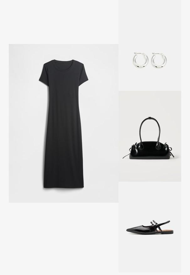 Mustast lühikeste varrukatega kleit, ümmarguse kaelusega, tehtud pehmest kangast, lihtsa sirge siluetiga, ilma täiendavate mustrite või detailideta.; Mustad lakknahast slingback kingad on terava ninaga, kahe rihmaga, millel on klambriga aktsendid, ning lame tald.; Väike must läikiv käekott kahe pika sangaga ja külgedel paelakinnitustega, ühel lihtsal helel taustal.; Hõbedased rõngaskõrvarõngad poleeritud viimistlusega, ringikujulise kujuga ja hingedega kinnitusega. Sile tekstuur minimaalsete detailidega.