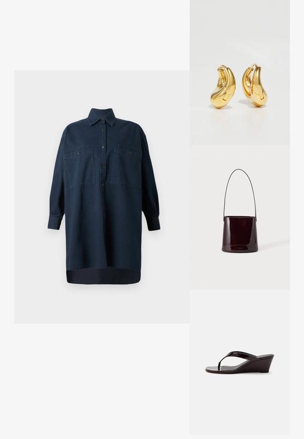 CLOSED Robe chemise - dark blue; Sandale compensée en cuir verni marron avec bride entre les orteils et bout ouvert, vue de profil sur un fond uni.; Sac seau brun foncé brillant avec une longue sangle fine et des coutures visibles minimales sur un fond clair.; Boucles d'oreilles en or en forme de d'anneaux lisses et courbés avec une finition polie. Équipées d'un mécanisme de fermeture et de légères indentations pour le détail.