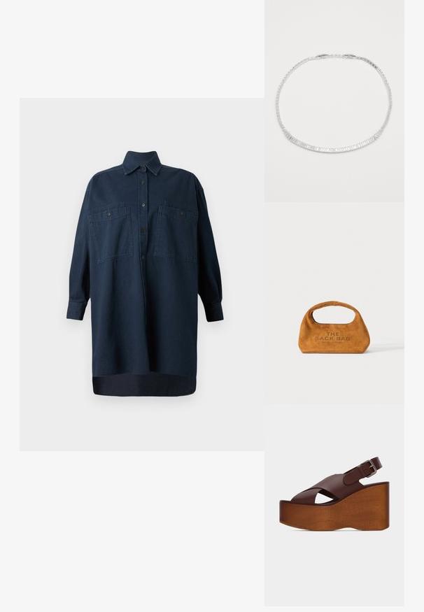 CLOSED Robe chemise - dark blue; Sandale plateforme en cuir marron avec talon compensé en bois, brides croisées et boucle argentée réglable sur la bride de cheville.; Sac à main en suede marron avec poignée intégrée et "THE SACK BAG MARC JACOBS" imprimé sur le devant, présenté sur un fond blanc.; Collier en argent avec des pierres rectangulaires transparentes disposées en une seule rangée, doté d'un fermoir, sur un fond blanc.