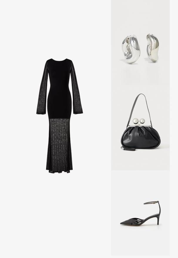Čierne dlhé šaty s priliehavým telom a priesvitnými, textúrovanými rukávmi. Plynulá, čiastočne priesvitná sukňa s skladaným dizajnom na spodnej časti.; Čierna kožená topánka na vysokom opätku s špicatou špičkou, otvorenými stranami a tenkým remienkom okolo členka so zlatým kovovým detailom.; Čierna kožená kabelka so zhlukovým dizajnom, jedným popruhom, strieborným kovovým rámom a dvoma veľkými okrúhlymi striebornými zapínaniami.; Strieborné sochárske náušnice s hladkými, zakrivenými tvarmi a reflexnými povrchmi. Obsahujú uzavretý kruhový dizajn a výraznú organickú formu.