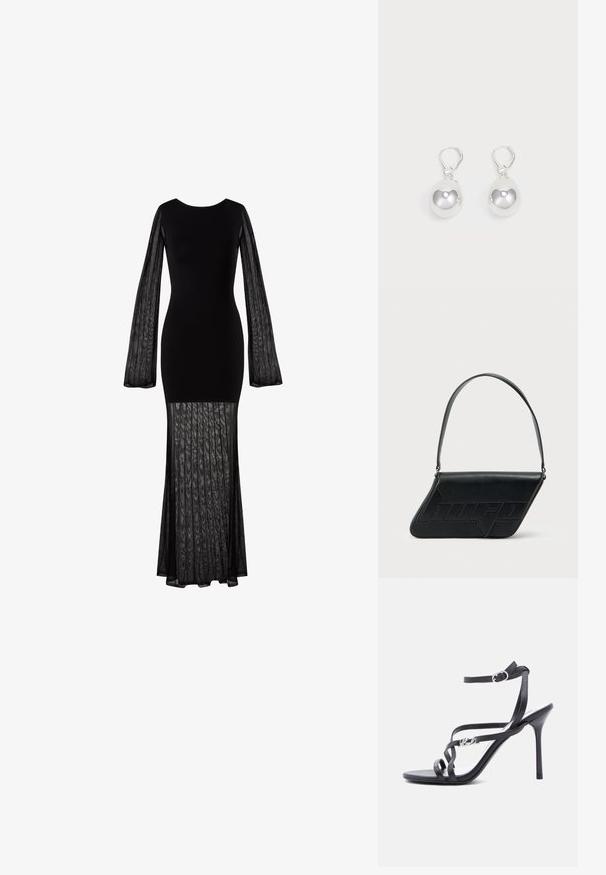 Robe noire à manches longues avec un corsage ajusté et des manches transparentes et texturées. Jupe fluide et partiellement transparente avec un design plissé au bas.; Sandale à talon noir avec fines lanières, boucle à la cheville et détail logo en métal sur la lanière latérale, sur fond blanc.; Sac d'épaule en cuir noir de forme triangulaire, avec un logo embossé et une seule bandoulière réglable. Design minimaliste avec une texture lisse.; Boucles d'oreilles en argent en forme de goutte avec des surfaces lisses, rondes et réfléchissantes, suspendues à des fermoirs à ressort. L'arrière-plan est blanc uni.