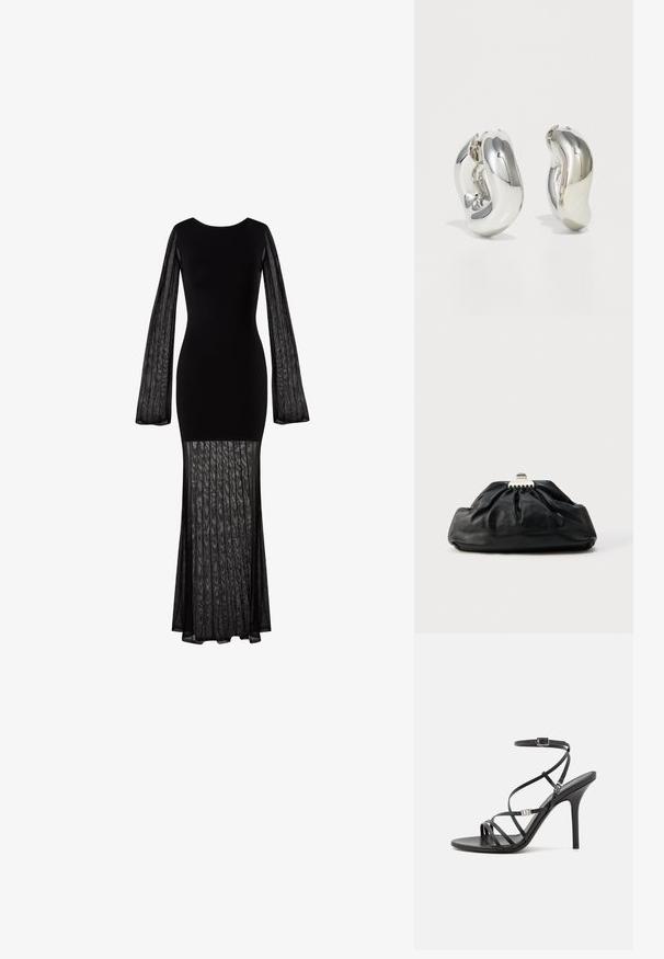 Schwarzes langärmeliges Kleid mit tailliertem Oberteil und transparenten, strukturierten Ärmeln. Fließender, teilweise transparenter Rock mit plissierter Gestaltung am Saum.; Schwarze High-Heel-Sandale mit dünnen Riemen, einem Knöchelverschluss, einer glatten Lederoberfläche und einem schlanken Stiletto-Absatz.; Schwarze Leder-Clutch mit geraffter Textur, Metallverschluss und dezentem, auf der Vorderseite geprägtem Logo. Abgerundete Form.; Silberne skulpturale Ohrringe mit glatten, geschwungenen Formen und reflektierenden Oberflächen. Sie verfügen über ein geschlossenes Ringdesign und eine ausgeprägte organische Form.