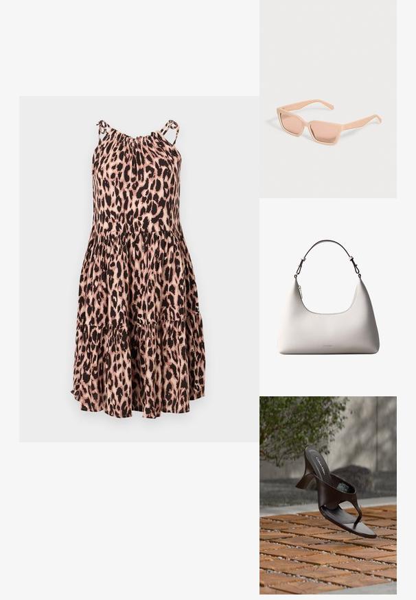 Leopardimusteriga kihiline kleit roosa ja musta värviga, millel on reguleeritavad õlapaelad ja kokkukogutud kaelus, valmistatud kergetest kangast.; Pruun Calvin Kleini kontsaga varbavahe-sandaal rippumas puidust plaadi ja kruusa peal õues, taustal udune rohelus ja kivimüür.; Ristkülikukujulised hele virsiku värvi päikeseprillid paksude raamidega ja sobivate toonitud läätsedega ühtlasel heledal taustal.; Kreemjagu Calvin Kleini nahast õlakott kõverdatud ülaäärtega, hõbedase tõmblukuga ja tumepruuni reguleeritava rihmaga.