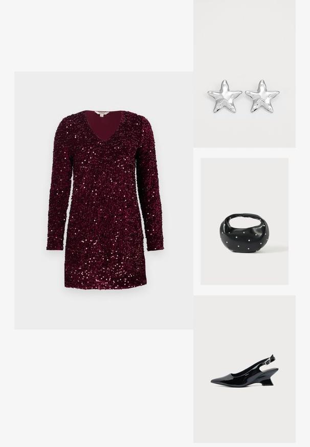 Robe mini à manches longues de couleur bourgogne profonde, recouverte de sequins brillants, avec un décolleté en V et un ourlet droit.; Chaussure slingback en cuir verni noir avec bout pointu et petit talon bloc incliné sur fond clair uni.; Sac à main en cuir noir de forme arrondie, décoré de clous argentés et équipé d'une poignée courte. Texture lisse et fermeture éclair.; Boucles d'oreilles argentées en forme d'étoile, avec une surface lisse et brillante. Chaque boucle d'oreille possède cinq pointes et des détails subtils de texture de surface.