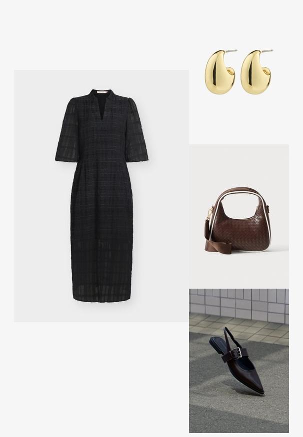 Sort knælængde kjole i let, tekstureret stof med ternet mønster, der har korte pufærmer og en udskæring ved halsen.; Mørkebrune flade slingback-sko med spids tå, bred rem og stor sølvspænde på asfalt nær flisebelagt væg.; Brun vævet læderhåndtaske med hvid piping, guldfarvet lynlås og aftagelig brun stofskulderrem.; Guldtonede studøreringe med en glat, poleret overflade i en abstrakt, tårnform. Simple metalpind til fastgørelse.