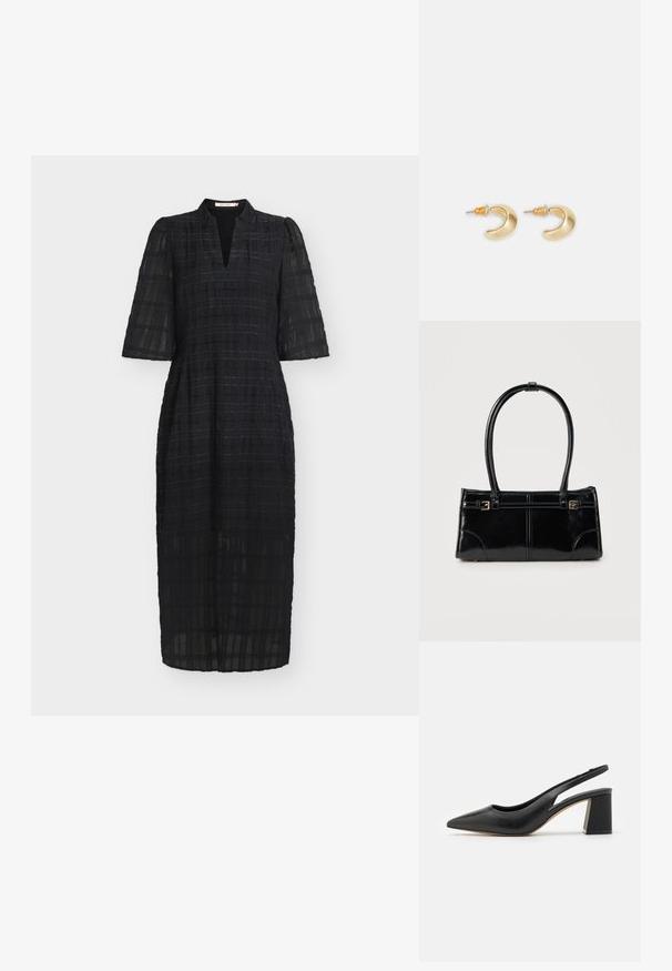 Sort knælængde kjole i let, tekstureret stof med ternet mønster, der har korte pufærmer og en udskæring ved halsen.; Sorte læder slingback-pumper med spids tå, udskæringsdesign og chunky blokhæle. Glat tekstur med en minimalistisk æstetik.; Glansfuld sort rektangulær håndtaske med to tynde skulderremme og små guldbeslag foran.; Guld halvmåneformede øreringe med en glat overflade, der har orange accenter nær stiften og sølv hardware.