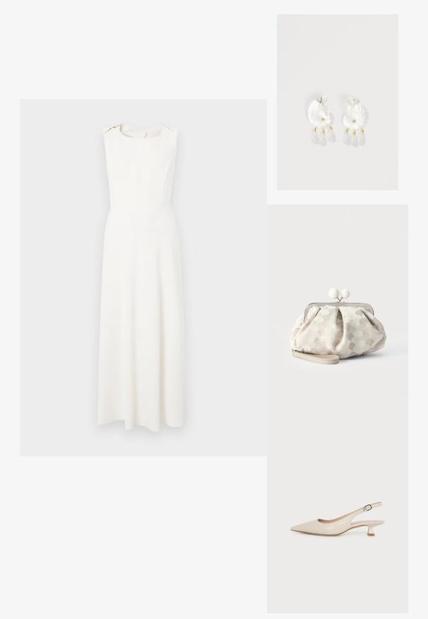 Witte mouwloze jurk met een getailleerde lijfje en een uitlopende rok. Heeft een ronde halslijn en subtiele schouderaccenten. Gladde textuur.; Beige slingback-schoen met een spits toelopende neus, lage kittenhak en verstelbare zijgesp op een effen witte achtergrond.; Kleine beige clutch met gestructureerde stippenstof, zilveren frame, ronde witte gesp en afneembare polsband op een effen achtergrond.; Duidelijke hars oorbellen in schelpvorm met kleine gouden accenten en drie hangende doorschijnende druppelvormige bedels aan elk oorbel.