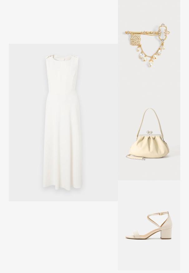 Witte mouwloze jurk met een getailleerde lijfje en een uitlopende rok. Heeft een ronde halslijn en subtiele schouderaccenten. Gladde textuur.; Beige blokhak sandalen met een minimalistisch ontwerp, open neus en verstelbare enkelriem met een gouden gesp detail. Zachte textuur.; Crèmekleurige zachte leren handtas met geplooid ontwerp, zilveren frame sluiting, korte handgreep en een afneembare kettingriem.; Gouden decoratieve broche in sleutelvorm met heldere kristallen, filigraan details en hangende gouden ketting met parels en kristallen bedels op een witte achtergrond.