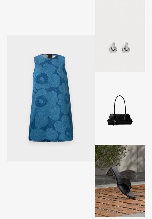 Robe en denim sans manches avec un motif floral dans des nuances variées de bleu. Présente un col rond et une coupe droite.; Sandale à talon noire Calvin Klein avec boucle pour l’orteil, posée sur un sol en carreaux de bois en extérieur, près d’un arbre et d’un mur en pierre.; Sac à épaule en cuir noir à texture crocodile, avec de longues sangles et un petit charm logo argenté sur une sangle.; Paire de petites boucles d'oreilles créoles argentées brillantes avec une base ronde, présentées sur un fond clair uni.