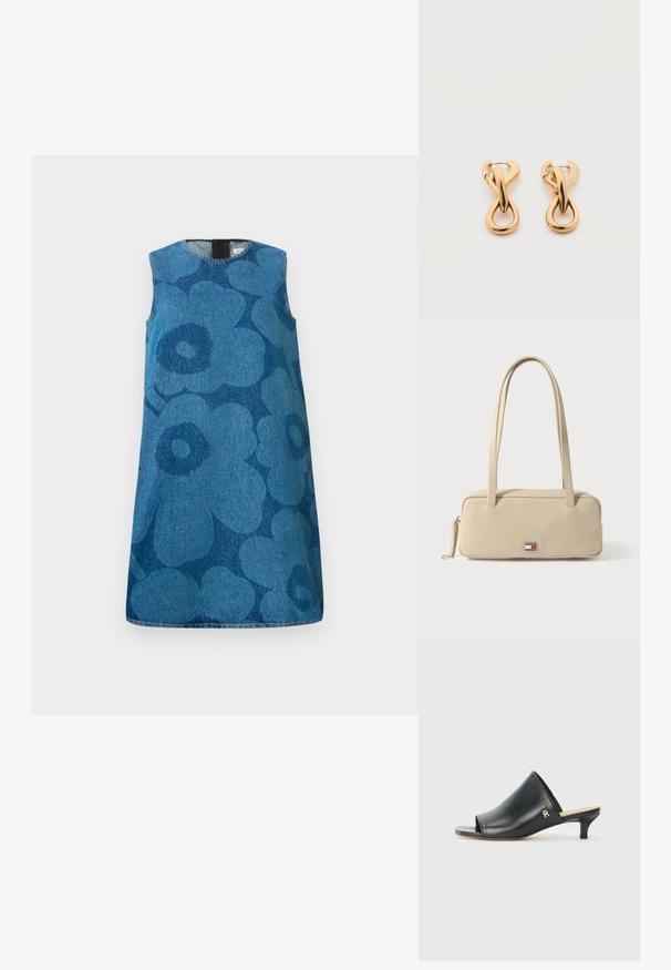 Mouwloze denim jurk met een bloemenpatroon in verschillende tinten blauw. Heeft een ronde halslijn en een rechte snit.; Zwarte leren open teen muiltjes met een lage hak. Heeft een glad oppervlak en een gouden logo accent aan de zijkant.; Beige rechthoekige handtas gemaakt van glad materiaal met twee handvatten, een ritsluiting en een metalen logo-accent met merknaam aan de voorkant.; Een paar glanzende oorringen in goudkleur met een lusvormige, gedraaide en verstrengelde ontwerp, afgebeeld op een eenvoudige witte achtergrond.