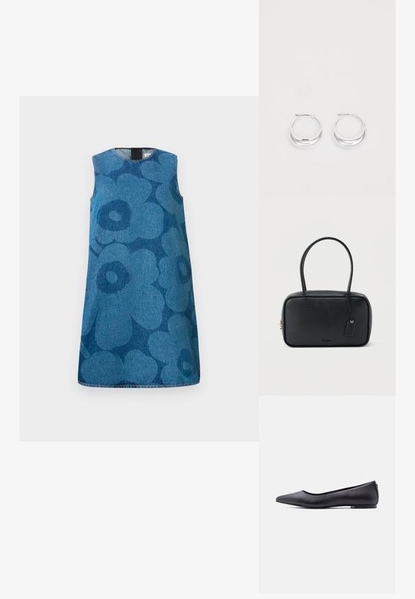 Robe en denim sans manches avec un motif floral dans des nuances variées de bleu. Présente un col rond et une coupe droite.; Chaussure plate en cuir noire à bout pointu avec petit talon, vue de profil sur fond blanc.; Sac à main rectangulaire noir avec doubles poignées arrondies, fermeture éclair dorée et logo "HUGO" embossé sur le devant avec une étiquette en cuir attachée.; Boucles d'oreilles en argent avec une finition polie et un branding DKNY, présentées sur un fond blanc uni.