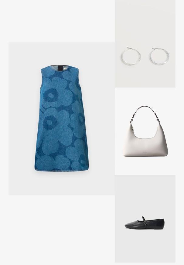 Vestido de mezclilla sin mangas con un patrón de flores en diferentes tonos de azul. Presenta un escote redondo y un corte recto.; Bailarinas de cuero negro con punta afilada, suela plana y una pequeña correa con detalle de hebilla plateada.; Bolso de hombro de cuero color crema de Calvin Klein con borde superior curvado, cremallera plateada y correa ajustable marrón oscuro.; Pendientes de aro de metal plateado con superficie lisa y ligeramente curvada y cierre de tipo mosquetón sobre un fondo blanco liso.