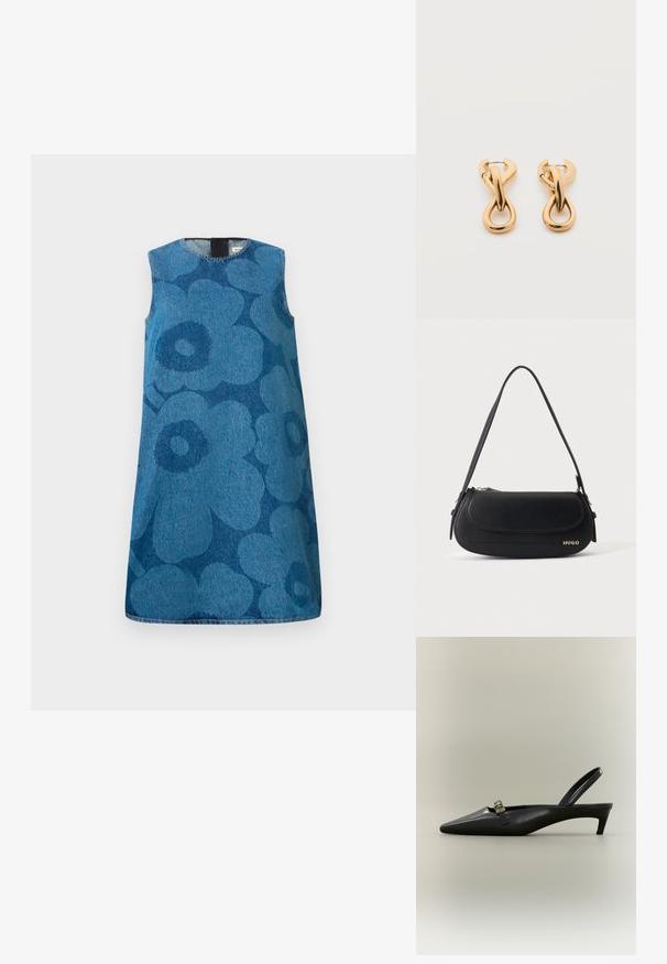 Robe en denim sans manches avec un motif floral dans des nuances variées de bleu. Présente un col rond et une coupe droite.; Escarpin slingback en cuir noir avec talon kitten, bout pointu et petite boucle dorée sur un fond uni.; Sac à épaule en cuir noir avec rabat incurvé, logo doré "HUGO" sur le devant, et une bandoulière réglable.; Paire de boucles d'oreilles créoles en bouclettes dorées brillantes sur fond blanc uni, présentant un design torsadé entrelacé.