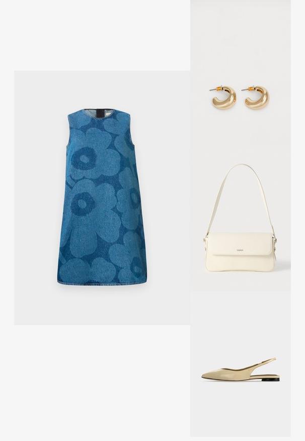 Udenærmet denimkjole med et blomstermønster i forskellige nuancer af blå. Har en rund halsudskæring og en lige pasform.; Beige spids tå slingback flad sko med lav sort hæl og en glat læderfinish, vist fra siden på en ensfarvet baggrund.; Cremefarvet læder skuldertaske med flaplukning, sølvfarvet beslag, en enkelt justerbar rem og diskrete logodetaljer.; To skinnende guldøreringe i et buet design med orange accenter nær stikket, sat mod en enkel hvid baggrund.