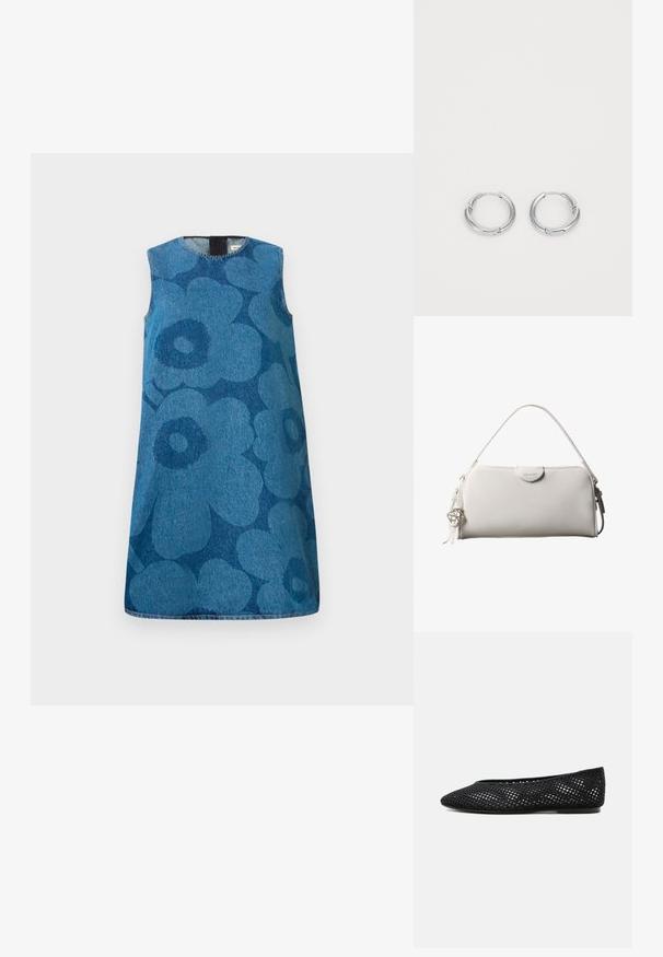 Vestido de mezclilla sin mangas con un patrón de flores en diferentes tonos de azul. Presenta un escote redondo y un corte recto.; Zapato plano de malla negra con puntera cerrada y tacón bajo, con un diseño tejido transpirable y un logo lateral sutil.; Bolso rectangular blanco de Calvin Klein con un solo asa, diseño minimalista y borlas decorativas con un charm metálico geométrico en el lateral.; Aros de plata en forma de aro con un acabado suave y pulido. Forma circular con un pequeño detalle de broche para el cierre. Diseño minimalista, livianos.