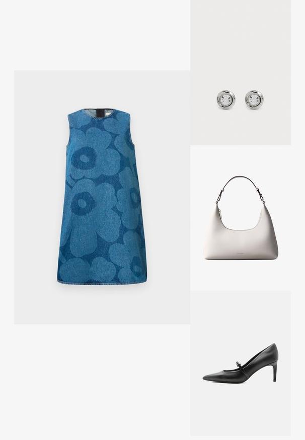 Vestido de mezclilla sin mangas con un patrón de flores en diferentes tonos de azul. Presenta un escote redondo y un corte recto.; Zapato de tacón alto de cuero negro con punta puntiaguda, con tira fina y hebilla sobre el empeine, sobre fondo claro y neutro.; Bolso de hombro de cuero color crema de Calvin Klein con borde superior curvado, cremallera plateada y correa ajustable marrón oscuro.; Pendientes de stud de metal plateado con cristales claros redondos, que presentan un acabado pulido suave y un diseño circular con bordes elevados sutiles.
