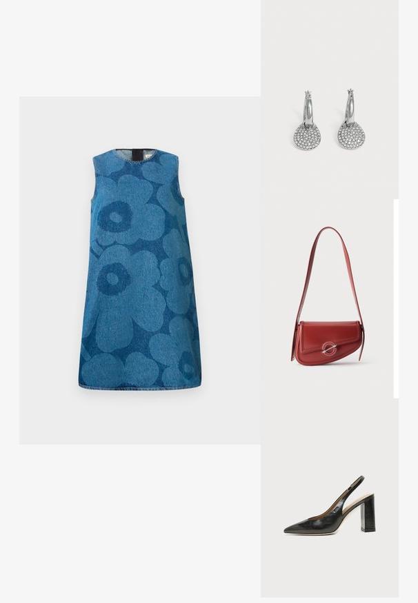 Robe en denim sans manches avec un motif floral dans des nuances variées de bleu. Présente un col rond et une coupe droite.; Chaussure slingback en cuir noir à bout pointu avec un talon bloc haut et une doublure intérieure beige sur un fond clair uni.; Sac à épaule en cuir rouge avec un rabat arrondi et une boucle circulaire argentée sur un fond clair uni.; Boucles d'oreilles créoles en argent avec des pendentifs ronds et plats incrustés de petits cristaux clairs sur un fond clair uni.