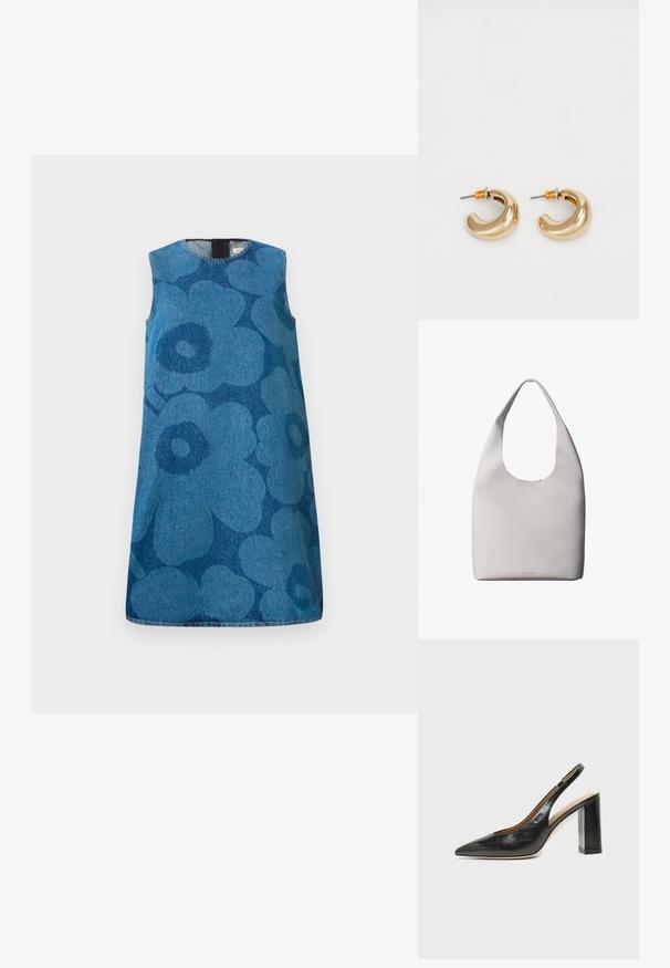 Robe en denim sans manches avec un motif floral dans des nuances variées de bleu. Présente un col rond et une coupe droite.; Chaussure slingback en cuir noir à bout pointu avec un talon bloc haut et une doublure intérieure beige sur un fond clair uni.; Sac fourre-tout en cuir blanc avec une bandoulière unique, texture douce et logo discret Calvin Klein près du centre en bas.; Deux boucles d'oreilles en forme de cerceau en or brillant, avec un design courbé, présentant des accents orange près de la tige, sur fond blanc uni.