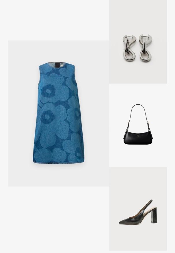 Robe en denim sans manches avec un motif floral dans des nuances variées de bleu. Présente un col rond et une coupe droite.; Chaussure slingback en cuir noir à bout pointu avec un talon bloc haut et une doublure intérieure beige sur un fond clair uni.; Mini sac à bandoulière en cuir noir avec une fine bandoulière et un petit logo CK doré au centre avant.; Paire de boucles d'oreilles en métal argenté avec un motif abstrait d'anneaux entrelacés sur fond blanc.