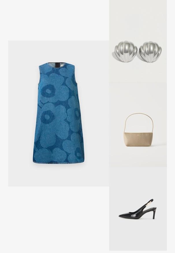 Udenærmet denimkjole med et blomstermønster i forskellige nuancer af blå. Har en rund halsudskæring og en lige pasform.; Sort læder slingback højhælede sko med spidse tæer, glat overflade og en smal ankelrem med guldfarvede hardware detaljer.; Beige flettet håndtaske med tynd skulderrem og lille guld "BOSS" logo foran, vist mod en ensfarvet hvid baggrund.; To sølvfarvede kompakte spejle formet som muslingeskaller med ribbede detaljer, placeret side om side på en hvid baggrund.