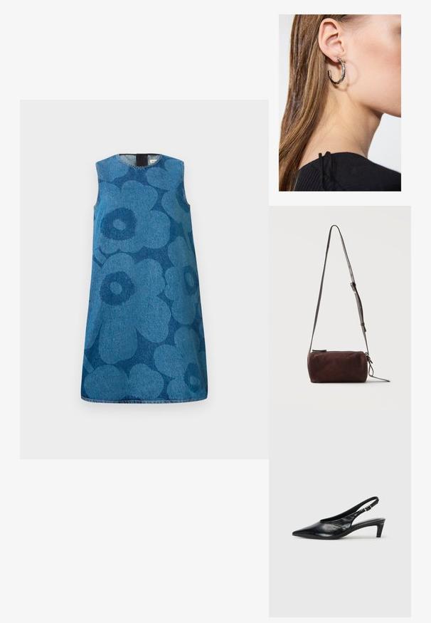 Udenærmet denimkjole med et blomstermønster i forskellige nuancer af blå. Har en rund halsudskæring og en lige pasform.; Sort læder slingback hæl med spidse tæer, lav kitten hæl og justerbar spænde-bånd. Glat tekstur med minimal dekor.; Mørkebrun ruskind cylindrisk crossbody taske med justerbar tynd læderrem og top lynlås lukning.; Sølv hoop ørestik med en poleret overflade, prydet med små guld accenter og en rund form, båret på øreflippen.