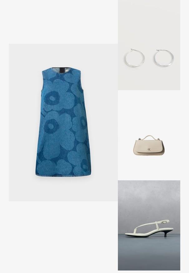Sleeveless denim dress with a flower pattern in varying shades of blue. Features a crew neckline and a straight cut.; White strappy kitten heel sandal with a pointed toe, floating above a wooden tile floor outdoors with a blurred plant and wall background.; Small beige leather handbag with top handle and silver CK logo on front flap, shown against a white background.; Silver metal hoop earrings with smooth, slightly curved surface and latch-back closures on a plain white background.