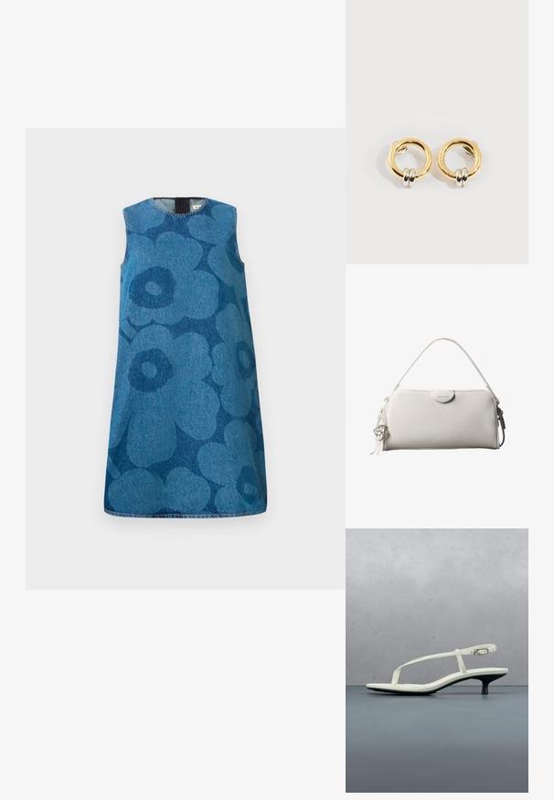 Vestido de mezclilla sin mangas con un patrón de flores en diferentes tonos de azul. Presenta un escote redondo y un corte recto.; Sandalia blanca de tacón kitten con tiras y punta afilada, flotando sobre un suelo de baldosas de madera al aire libre, con un fondo desenfocado de plantas y pared.; Bolso rectangular blanco de Calvin Klein con un solo asa, diseño minimalista y borlas decorativas con un charm metálico geométrico en el lateral.; Pendientes circulares de oro con dos pequeños anillos de plata en cada uno, que muestran detalles sutiles del nombre de la marca grabado, colocados sobre un fondo blanco.
