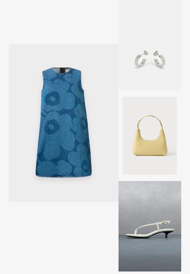 Vestido de mezclilla sin mangas con un patrón de flores en diferentes tonos de azul. Presenta un escote redondo y un corte recto.; Sandalia blanca de tacón kitten con tiras y punta afilada, flotando sobre un suelo de baldosas de madera al aire libre, con un fondo desenfocado de plantas y pared.; Bolso de cuero amarillo con una silueta curva, correa corta ajustable y compartimento con cremallera. Presenta un logo sutil en el frente.; Pendientes aros de metal plateado con un diseño texturizado, que cuentan con un pequeño respaldo de clip y una marca en uno de los aros. Forma redondeada con un acabado pulido.