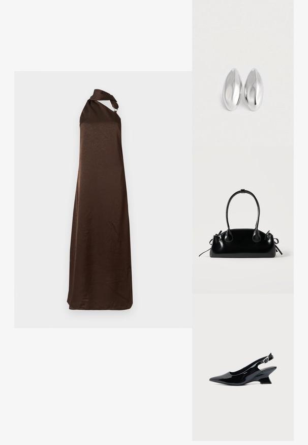 Braunes, langes, ärmelloses Kleid mit einem einzigen Schulterträger. Hat eine glatte Textur und ein minimalistisches Design. Keine sichtbaren Muster oder Beschläge.; Schwarzer Slingback-Schuh aus Lackleder mit spitzer Spitze und niedrigem, schrägem Blockabsatz auf einfachem hellem Hintergrund.; Kleine schwarze glänzende Handtasche mit zwei langen Griffen und seitlichen Kordelzug-Details vor einfachem hellem Hintergrund.; Ein Paar glatte, glänzende silberne ovalförmige Objekte, die nebeneinander auf einem schlichten weißen Hintergrund platziert sind.