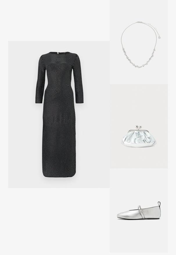 Zwart langmouwend jurk met een ronde halslijn, voorzien van een wit stippenpatroon door het hele ontwerp en een verborgen rits aan de achterkant.; rag & bone SPIRE MARY JANE - Ballerina's met enkelbandjes - silver; Kleine zilverkleurige metalen clutch met een afgerond, geplooid ontwerp en een sluiting met twee zilveren bollen.; Zilveren ketting met bloemmotieven, versierd met heldere edelstenen, verfijnde details en een verstelbare sluiting.