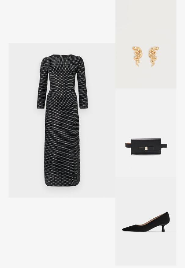 Robe longue noire à manches longues avec un col rond, ornée d'un motif à pois blancs sur l'ensemble et d'une fermeture éclair dissimulée dans le dos.; Escarpin noir pour femme à talon bas, bout pointu, talon kitten fin et évasé avec finition mate lisse, vu de profil.; Pochette en cuir noir de forme rectangulaire, avec un détail en nœud à l'avant et un fermoir en ton doré. Elle dispose d'une sangle pour un transport facile.; Boucles d'oreilles en forme de serpent ton or ornées de petits cristaux clairs sur un fond clair uni.