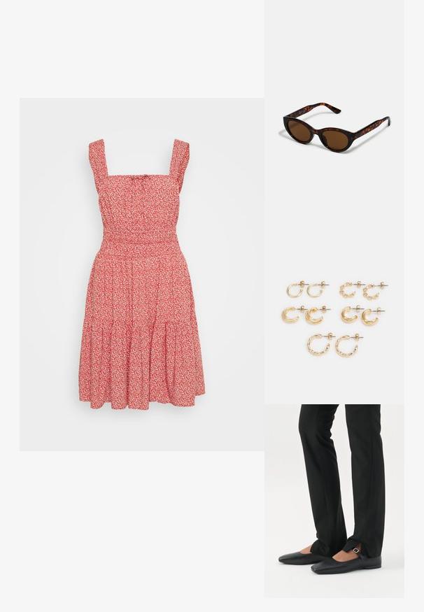 Robe fleurie rouge avec décolleté carré, fines bretelles et jupe à volants. Fabriquée à partir d'un tissu léger avec une texture apparente.; Jambes vêtues d’un pantalon slim noir avec des fentes à l’avant de l’ourlet, assorties à des chaussures plates Mary Jane noires avec une petite bride à boucle.; Lunettes de soleil en écaille de tortue marron avec une forme vintage de lunettes cat-eye et des verres marron. Présente des branches courbées avec des accents rouges.; Ensemble de boucles d'oreilles dorées, comprenant différentes formes : petites créoles, croissants épais et accents de chaîne. Finitions lisses et texturées.
