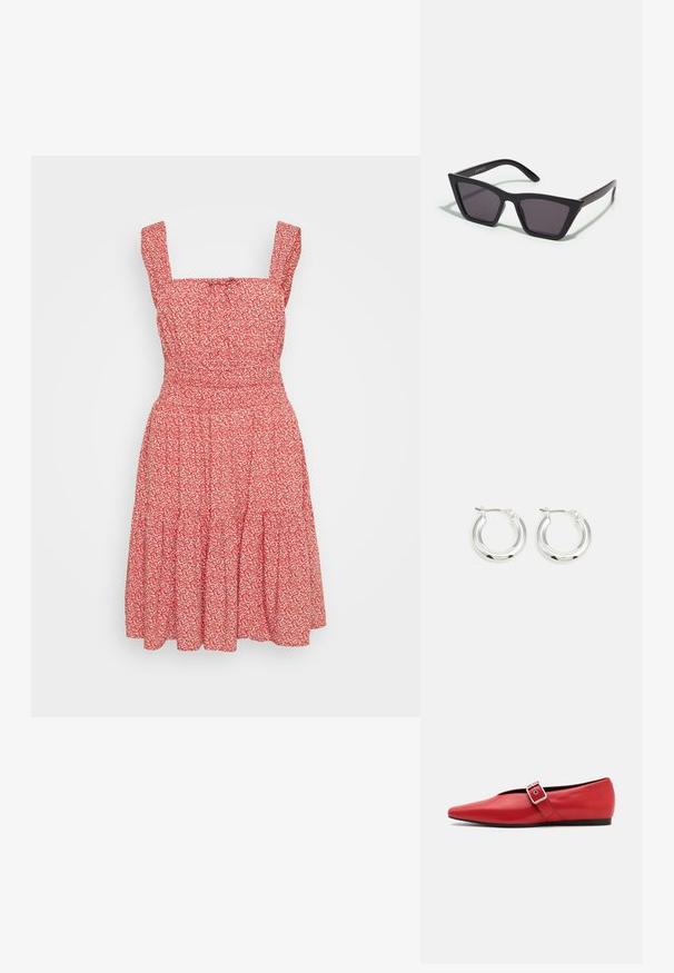 Robe fleurie rouge avec décolleté carré, fines bretelles et jupe à volants. Fabriquée à partir d'un tissu léger avec une texture apparente.; Ballerine en cuir rouge avec une pointe pointue, comportant une lanière sur le côté avec une boucle en métal et un petit talon noir. Texture lisse sur l'ensemble.; Lunettes noires angulaires avec des verres gris ; fabriquées en plastique, avec des branches épaisses à la surface lisse et sans matériel visible.; Boucles d'oreilles en argent avec une finition polie, présentant une forme circulaire et une fermeture à charnière. Texture lisse avec un minimum de détails.