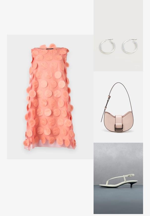 Vestido melocotón sin mangas con superposición transparente decorado con grandes apliques florales circulares texturizados en un patrón repetido.; Sandalia blanca de tacón kitten con tiras y punta afilada, flotando sobre un suelo de baldosas de madera al aire libre, con un fondo desenfocado de plantas y pared.; Pequeño bolso de piel rosa curvado con un acabado brillante, que presenta una correa de acento negra y un gran cierre de broche negro. Diseño cruzado.; Par de pendientes de aro plateados brillantes de tamaño mediano con cierres metálicos finos sobre un fondo neutro claro.