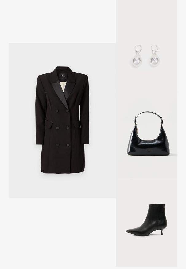 Dobbeltbreasted sort blazer kjole lavet af glat stof, med satin klap, to klaplommer og seks frontknapper.; Sort læder ankelstøvle med spids tå og lav kitten hæl på lys baggrund, der viser yderside.; Sort blank Calvin Klein håndtaske med gyldent lynlås og kort rem mod en ensfarvet hvid baggrund.; Sølv dråbeøreringe med glatte, runde, reflekterende overflader hængende fra svingelukkede låse. Baggrunden er helt hvid.