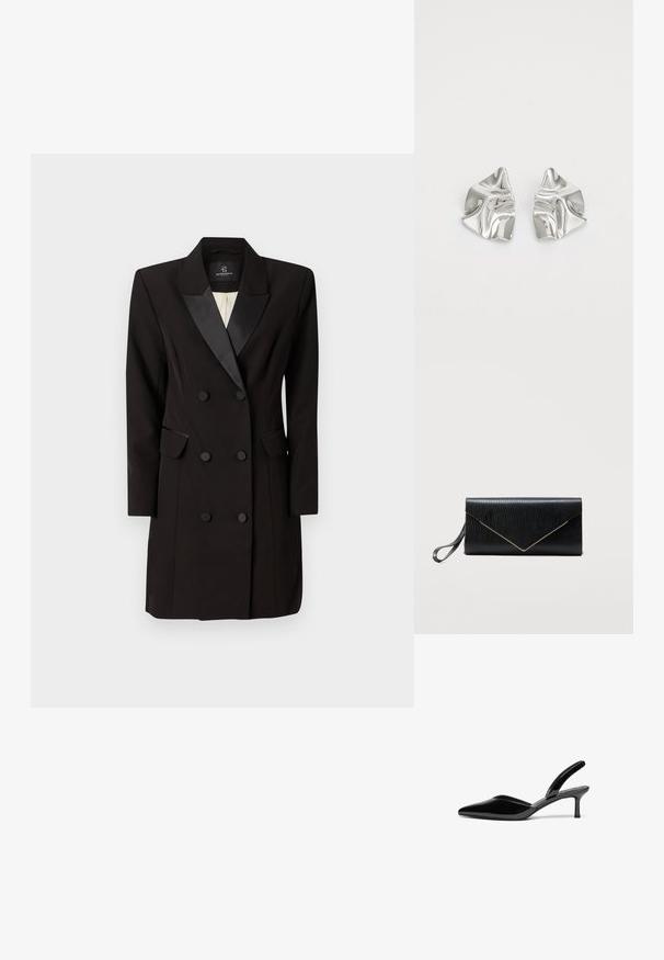 Dobbeltbreasted sort blazer kjole lavet af glat stof, med satin klap, to klaplommer og seks frontknapper.; Sorte patentlæder slingback hæle med spids tå, lav stiletto hæl og et elegant, enkelt design uden pynt.; Sort læderclutch med firbenstruktur, trekantet guldkant på klappen og håndledsrem på venstre side mod en ensfarvet hvid baggrund.; Sølvmetal øreringe med et bølgende, skulpturelt design, der har en poleret overflade og uregelmæssige former, hvilket fremhæver en moderne æstetik.