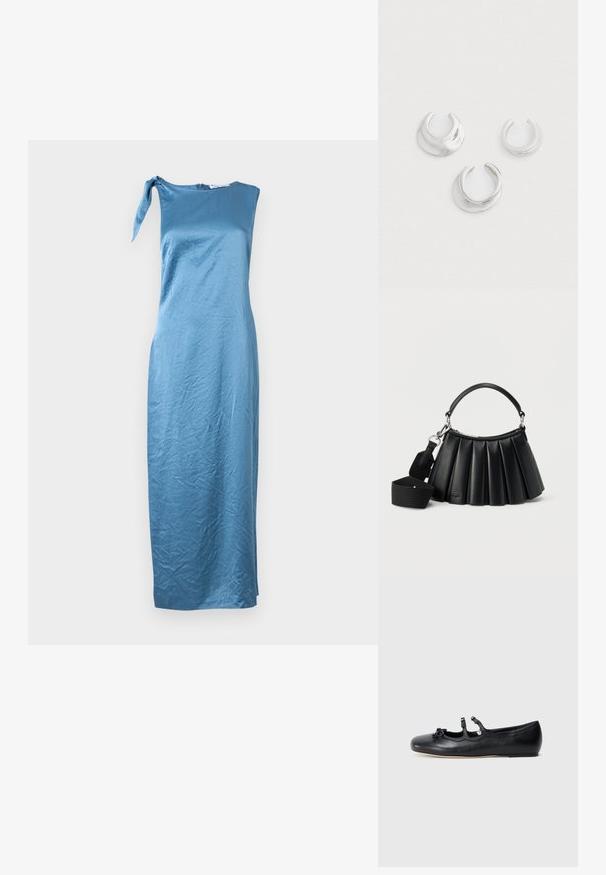 Asymmetriska blå satin klänning med en axelrem och en knytdetalj, som har en figursydd silhuett och midje-längd fåll.; Musta nahkainen ballerinatyyppinen kengät avonaisella designilla, jossa on kaksi koristeellista hihnaa ja nauhaketjuvarsi varpaiden päällä, tasapohja. Silkkinen tekstuuri.; Musta laskostettu nahkalaukku, jossa lyhyt kahva ja irrotettava leveä kangasolkaimen hihna valkoisella taustalla.; Kolm hõbedast avatud rõngaskõrvarõngast sujuvate, ümarate kujunditega, paigutatud kolmnurga mustrisse heledal taustal.