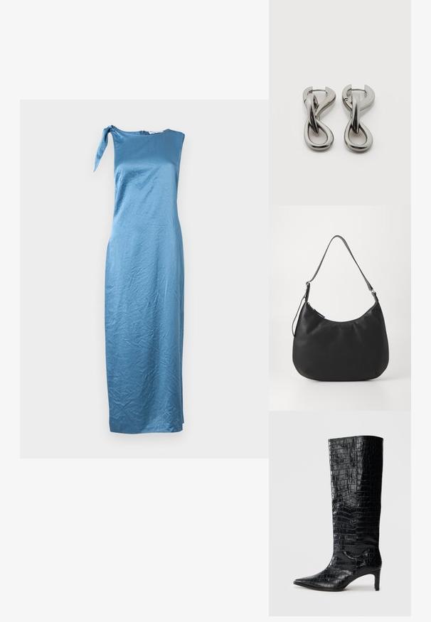 Asymmetrisches blaues Satin-Kleid mit einem einzelnen Schulterträger und einem Bindedetail, das eine figurbetonte Silhouette und einen mittellangen Saum hat.; Schwarze kniehohe Stiefel mit glänzender, krokodilgeprägter Textur, spitzer Zehenpartie und schmalem Absatz. Glattes synthetisches Material.; Schwarze Hobo-Tasche aus glattem, strapazierfähigem Material. Verfügt über einen einzelnen verstellbaren Tragegurt und ein dezentes, eingeprägtes Logo auf der Vorderseite.; Paar silberfarbene Metallohrringe mit abstraktem ineinandergreifendem Schlaufen-Design auf weißem Hintergrund.
