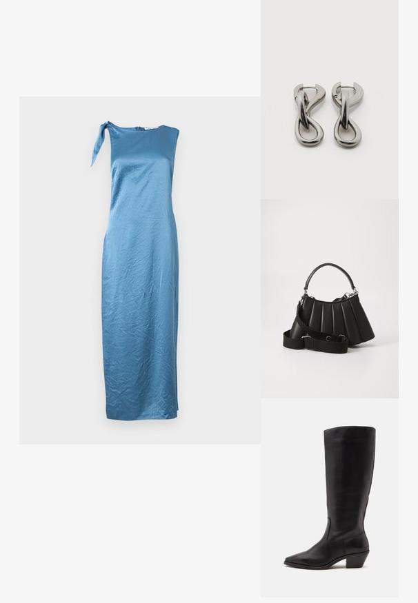 Asymmetrisches blaues Satin-Kleid mit einem einzelnen Schulterträger und einem Bindedetail, das eine figurbetonte Silhouette und einen mittellangen Saum hat.; Schwarzer Lederstiefel bis zur Wade mit spitzer Spitze und niedrigem schrägem Absatz vor einfachem hellem Hintergrund.; Schwarze, gefaltete Handtasche mit einem runden Griff, verstellbarem Schulterriemen und glänzender Textur. Verfügt über silberne Hardware und eine strukturierte Silhouette.; Paar silberfarbene Metallohrringe mit abstraktem ineinandergreifendem Schlaufen-Design auf weißem Hintergrund.