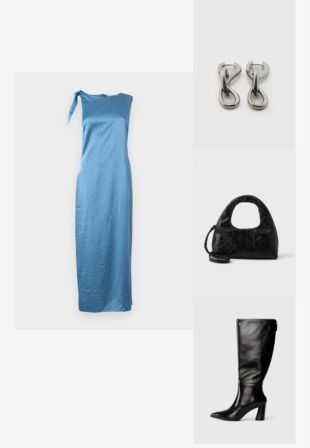 Asymmetriska blå satin klänning med en axelrem och en knytdetalj, som har en figursydd silhuett och midje-längd fåll.; Mustat nahkasaappaat, joissa on terävä kärki, sileä pinta ja paksu korko. Takana on vetoketjuyksityiskohta.; Musta nahkainen käsilaukku kaarevalla yläkahvalla, hienovaraisella timanttikuvioinnilla ja irrotettavalla hihnalla. Pinnassa on sileä rakenne ja kohokuviointia.; Pari hopeanvärisiä metallikorvakoruja, joissa on abstrakti toisiinsa kietoutuva lenkkimuoto valkoisella taustalla.
