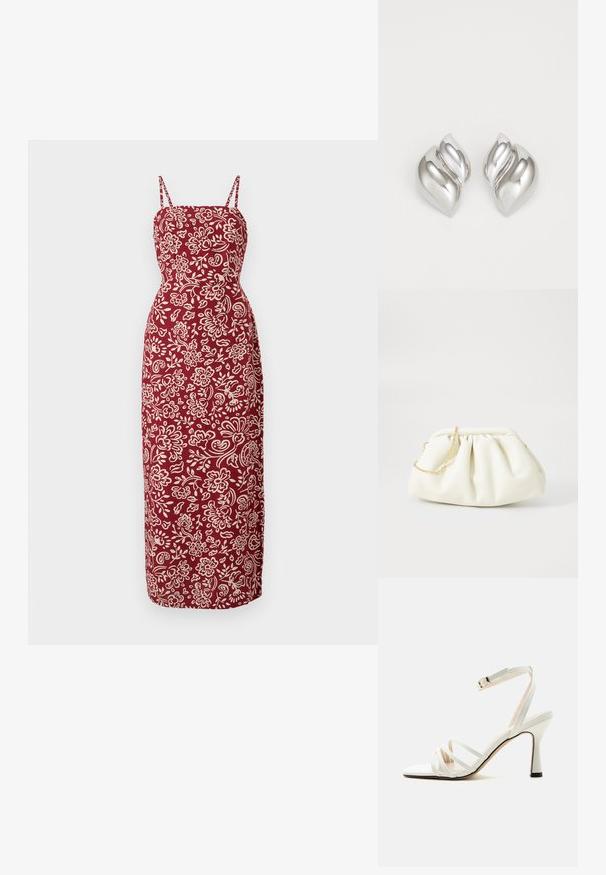 Vestido Maxi de un profundo color rojo, con un corsé ajustado y tirantes finos. Presenta un patrón floral blanco y una silueta recta.; Sandalia blanca de tacón alto con tres tiras frontales y una correa ajustable en el tobillo con una hebilla dorada.; Bolso de mano de cuero blanco con un diseño recogido, cuenta con una cadena dorada y forma redondeada. Textura suave con pliegues suaves y sin patrones.; Pendientes de plata con una forma orgánica y abstracta. Superficie lisa y brillante con un diseño cónico. Presentan suaves curvas y un detalle de línea central.