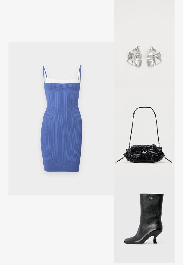 Robe en maille côtelée ajustée sans manches de couleur bleue avec fines bretelles et un accent blanc au niveau de l'encolure, longueur au genou, conçue pour les femmes.; Bottine en cuir noir avec une finition brillante, un bout carré et un design de talon incurvé unique. Elle présente un petit logo métallique en accent.; Sac à main en cuir noir avec un design froncé et un détail en forme de nœud sur le devant. Dispose d'une poignée courte et d'accents de quincaillerie argentée.; Boucles d'oreilles en métal argenté avec un design ondulé et sculptural, présentant une finition polie et des formes irrégulières, mettant en valeur une esthétique contemporaine.