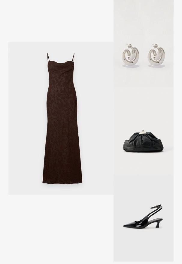 Braunes Maxikleid mit zarter Blumenstruktur, dünnen verstellbaren Trägern und einer figurbetonten Silhouette. Glattes Gewebe mit einem dezenten Glanz.; Schwarze Lackleder Slingback-Absätze mit spitzem Schuhblatt, niedrigem Blockabsatz und verstellbarem Knöchelriemen mit goldener Schnalle.; Schwarze Leder-Clutch mit geraffter Textur, Metallverschluss und dezentem, auf der Vorderseite geprägtem Logo. Abgerundete Form.; Silberne Metallearrings mit einem gewellten Design, die glatte Oberflächen und ein poliertes Finish aufweisen und mit einem Schmetterlingsverschluss gesichert sind.