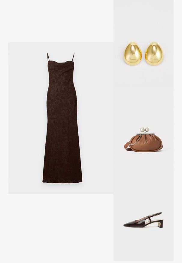 Robe maxi marron avec une texture florale délicate, des bretelles fines et ajustables, et une silhouette cintrée. Tissu lisse avec un léger éclat.; Chaussure slingback en cuir marron foncé à texture crocodile, bout pointu, talon bas bloc et bride ajustable avec boucle dorée.; Pochette en cuir marron avec un fermoir à boule en argent et un petit détail en chaîne argentée sur fond blanc.; Boucles d'oreilles clous de couleur or avec une surface lisse et polie, en forme de goutte d'eau, réfléchissant la lumière pour un fini éclatant.