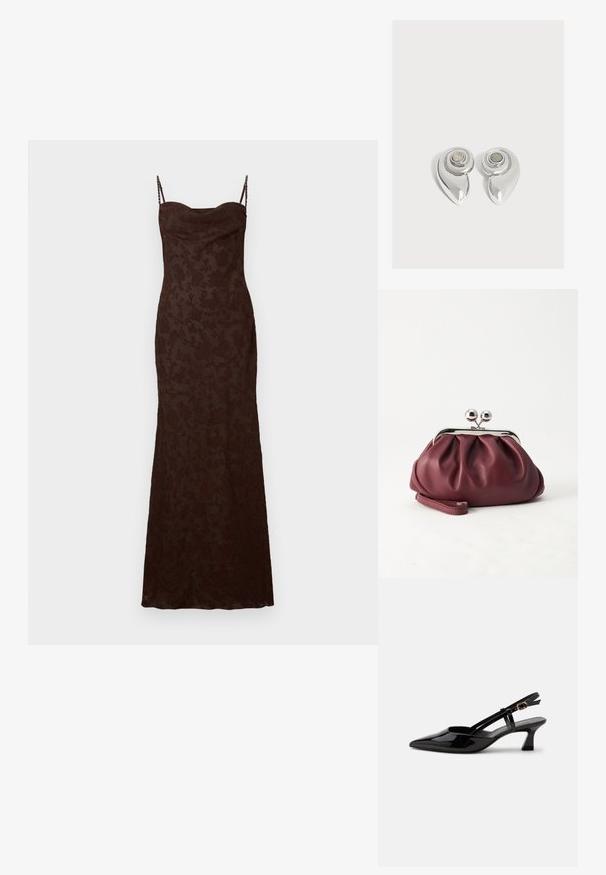 Robe maxi marron avec une texture florale délicate, des bretelles fines et ajustables, et une silhouette cintrée. Tissu lisse avec un léger éclat.; Chaussure slingback en cuir verni noir à petit talon, bout pointu et bride réglable avec boucle dorée sur fond blanc.; Petit sac pochette en cuir bordeaux avec fermoir métallique argenté et bracelet sur fond blanc.; Paire de boucles d’oreilles métalliques argentées brillantes avec un design en spirale et une pierre circulaire au centre sur un fond blanc uni.