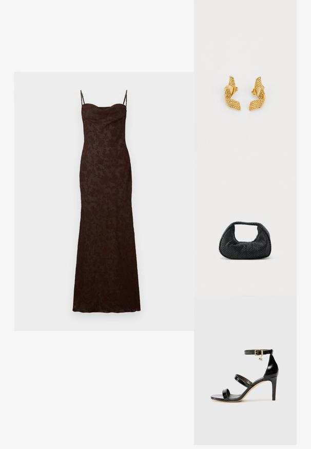 Braunes Maxikleid mit zarter Blumenstruktur, dünnen verstellbaren Trägern und einer figurbetonten Silhouette. Glattes Gewebe mit einem dezenten Glanz.; Schwarze Lackleder-Sandale mit drei Riemen, Knöchelriemen und 10 cm hohen Stiletto-Absatz. Verfügt über goldfarbene Hardware-Details und ein Logo-Charm.; Schwarze gewebte Hobo-Tasche mit weicher Struktur und integriertem Griff, dargestellt vor einem schlichten hellen Hintergrund.; Goldfarbene Ohrringe mit einem verdrehten Blattdesign, verziert mit kleinen funkelnden Steinen und mit einem Steckverschluss gesichert.