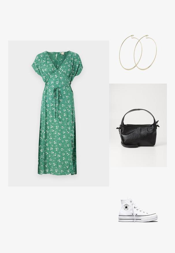 Robe maxie verte à motifs floraux avec manches courtes, décolleté en V, design à taille nouée et tissu léger comportant des fleurs blanches éparpillées.; Baskets montantes blanches Converse Chuck Taylor All Star avec patch logo noir et lacets blancs, présentées sur fond blanc.; Sac à main en cuir noir au design structuré, avec une poignée arrondie et une bandoulière amovible. Présente une texture lisse et un éclat subtil.; Pilgrim Boucles d'oreilles - gold-coloured