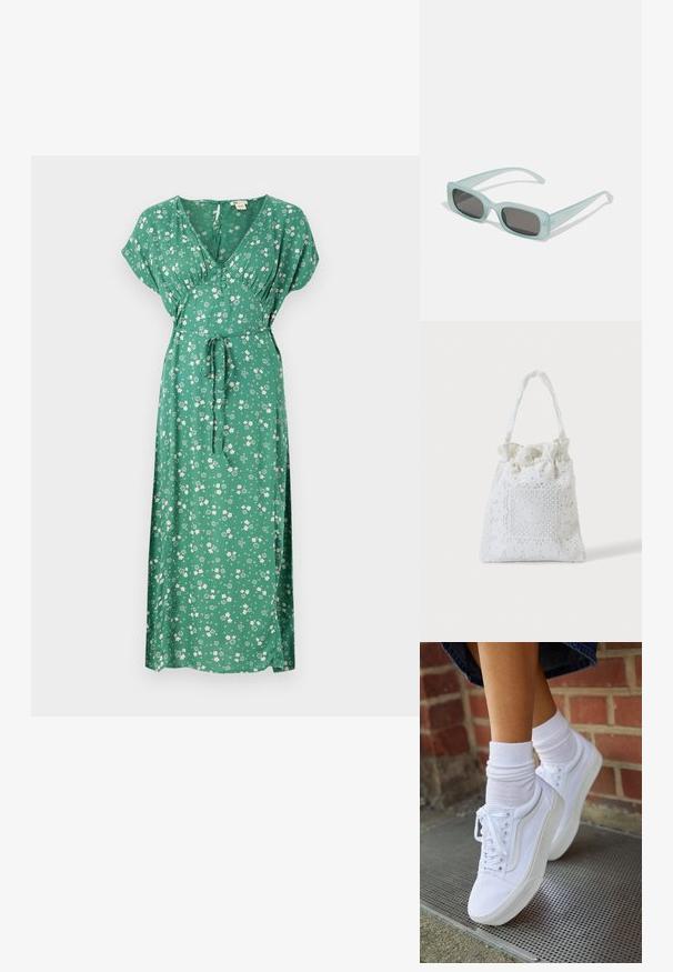 Grøn blomstret maxi kjole med korte ærmer, V-udskæring, bindebånd i taljen og letvægtsstof med spredte hvide blomster.; Hvide lærreds sneakers med gummisåler, der har seks snørehuller, rund tå og let sømdetaljer, krydret med hvide ankelstrømper.; Et par rektangulære solbriller med lyseblå gennemsigtige stel og mørkegrå linser, der har lige templer og minimale hardware detaljer.; Hvid stofnet med blomstret blonderbroderi og samlet øvre håndtag, vist mod en ensfarvet lys baggrund.